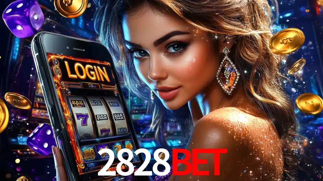 Mulher glamorosa segurando um smartphone com a tela de login para os jogos de caça-níqueis do cassino online 2828bet, com moedas de ouro e dados ao redor.