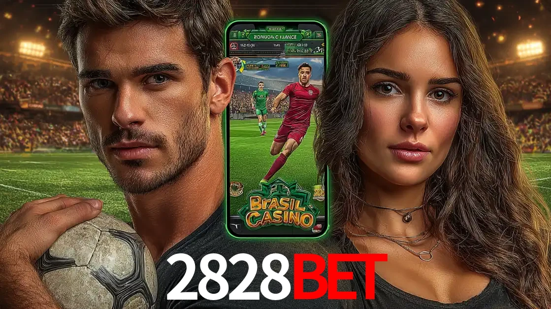 Homem segurando uma bola de futebol e uma mulher ao lado de um smartphone exibindo o jogo de apostas esportivas da 2828bet. Faça seu palpite no cassino online.